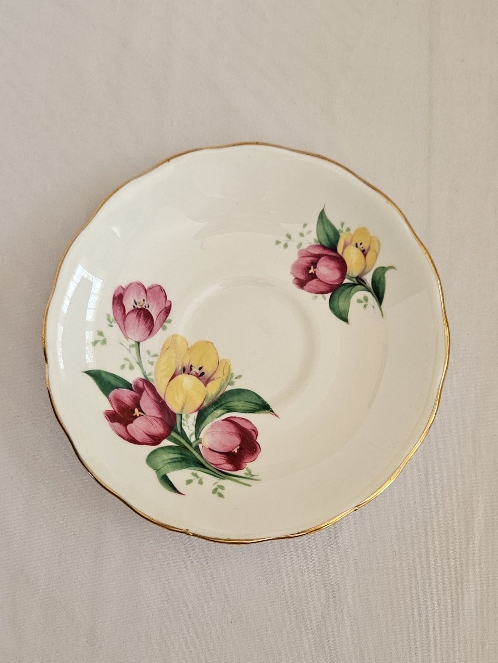 Crown Royal Bone China Saucer • Tulip Floral With Gold Trim • England